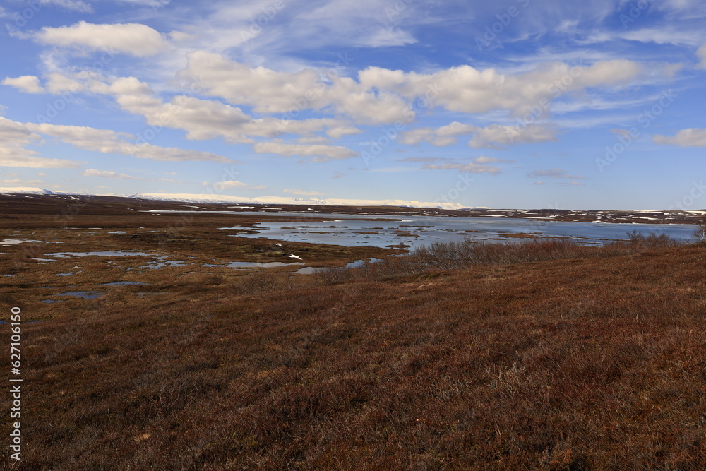 Mývatn is a shallow lake located in an area of active volcanism in northern Iceland, near the Krafla volcano