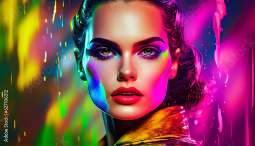 High Fashion, model, metallic silver lips, and face, woman, in colorful, bright, neon, uv blue, and purple lights, posing, in studio, beautiful, girl, glowing, make-up, colorful make up. Glitter Vivid