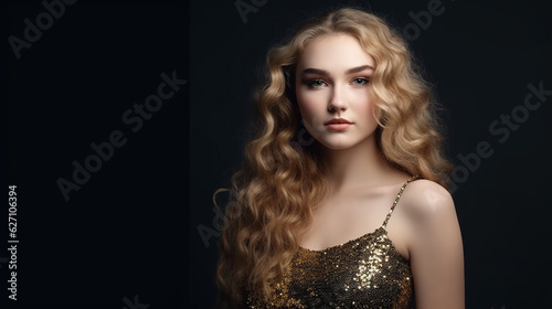 Model in Golden Dress. Fashion Blond Woman with Perfect Make up and Curly Hairstyle in Sequin Party Gown over Dark Gray Background 