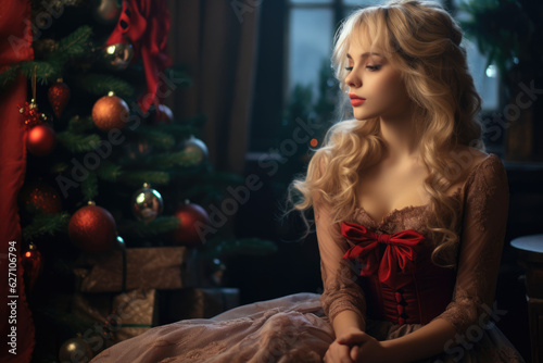 Captivating Christmas Portrait: A photo of a blonde woman with sexy outfit seated with poise, surrounded by the magical ambiance of a Christmas tree and festive scenery. AI Generative