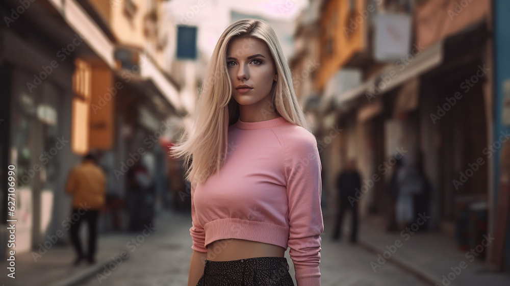 Street, photography, attractive ,straight, blonde, hair, woman, a pink ,mini, skirt  