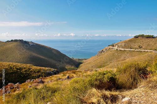 Sea landscape at Sperlonga, Lazio, Italy. Scenic resort town village with nice sand beach