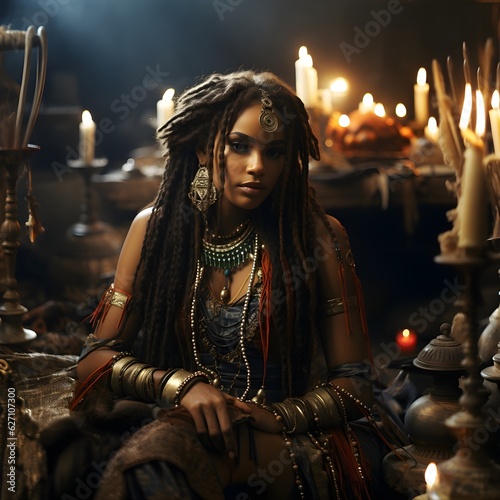 Candle Lit Witch Doctor with Dark Hair and Jewelry