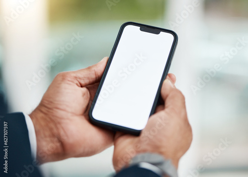 Mockup phone screen, hands and business person communication, graphic or online website, social media or report. Closeup cellphone UI, advertising space and consultant email, schedule or news article