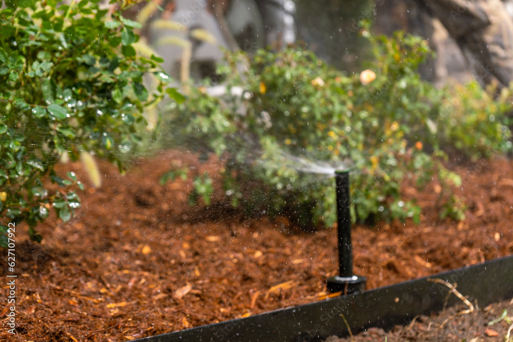 Landscaping Company Tending to A Front Lawn and Flower Bed Cutting Grass and Blowing Debris