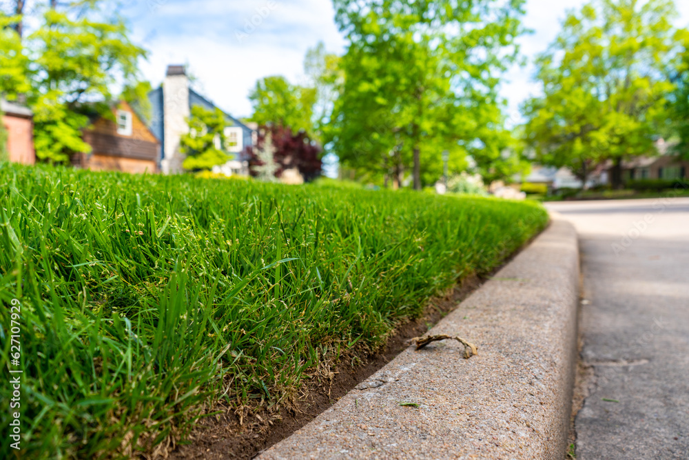Landscaping Company Tending to A Front Lawn and Flower Bed Cutting Grass and Blowing Debris