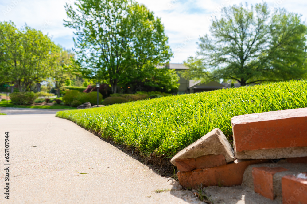 Landscaping Company Tending to A Front Lawn and Flower Bed Cutting Grass and Blowing Debris