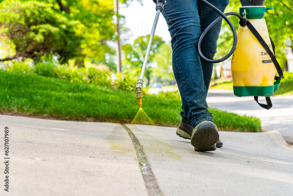 Landscaping Company Tending to A Front Lawn and Flower Bed Cutting Grass and Blowing Debris