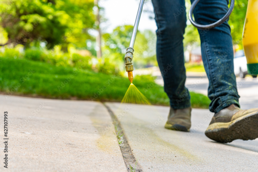 Landscaping Company Tending to A Front Lawn and Flower Bed Cutting Grass and Blowing Debris