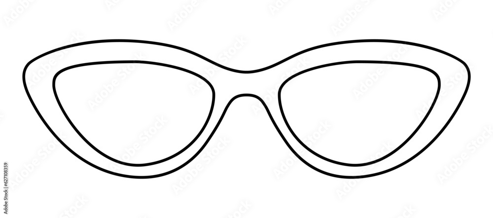 Cat Eye frame glasses fashion accessory illustration. Sunglass front view for Men, women, unisex silhouette style, flat rim spectacles eyeglasses with lens sketch outline isolated on white background Cat Eye frame glasses fashion accessory illustration. Sunglass front view for Men, women, unisex silhouette style, flat rim spectacles eyeglasses with lens sketch outline isolated on white background