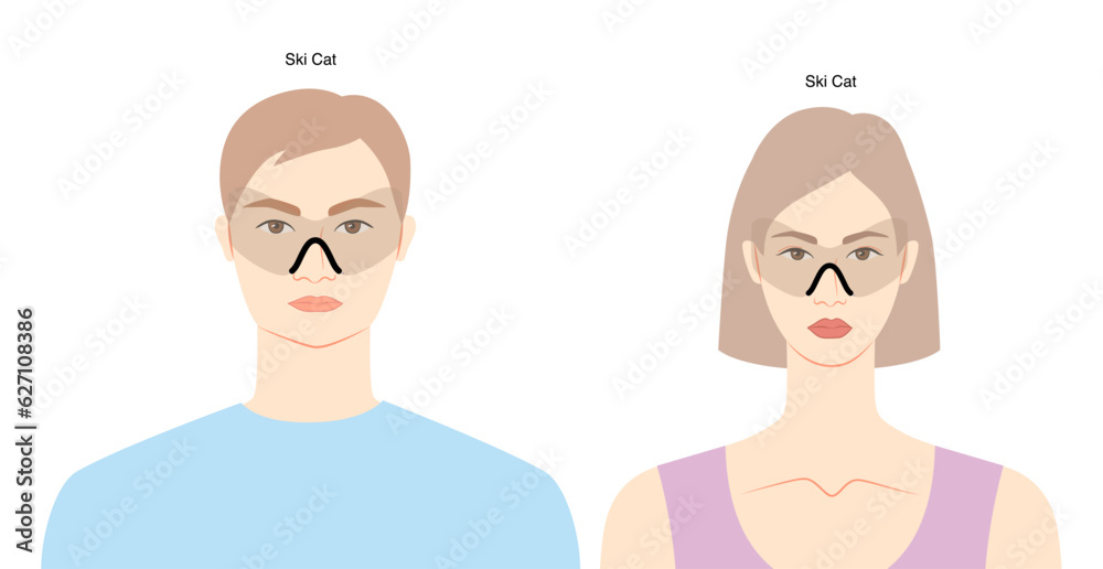 Ski Cat frame glasses on women and men flat character fashion accessory illustration. Sunglass front view unisex silhouette style, spectacles eyeglasses, lens sketch style outline isolated on white Ski Cat frame glasses on women and men flat character fashion accessory illustration. Sunglass front view unisex silhouette style, spectacles eyeglasses, lens sketch style outline isolated on white