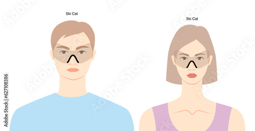 Ski Cat frame glasses on women and men flat character fashion accessory illustration. Sunglass front view unisex silhouette style, spectacles eyeglasses, lens sketch style outline isolated on white