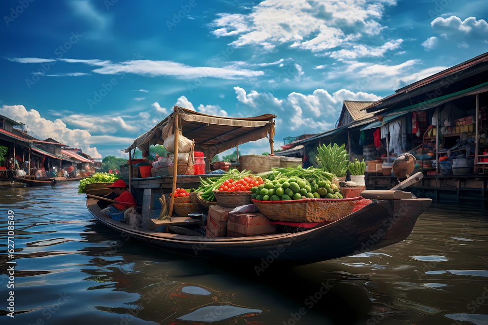 Cai Be Floating Market Boat - Vietnam - Traditional flat-bottomed boat used for trading activities in the Mekong Delta (Generative AI)