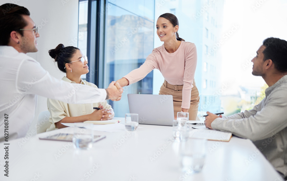 Fototapeta premium Business people, smile and handshake for deal, partnership or collaboration, integration and congratulations. Shaking hands, meeting and agreement of employees, b2b or success, welcome and thank you.
