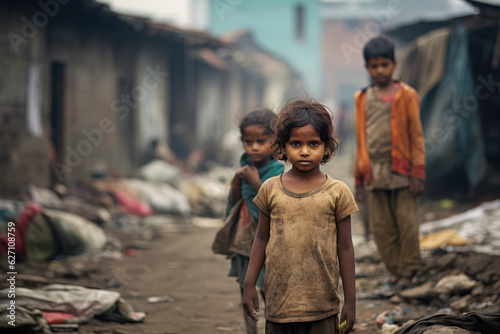 Innocence Amidst Poverty. Kids with Poverty Houses in the Background. Strength in Adversity. AI Generative