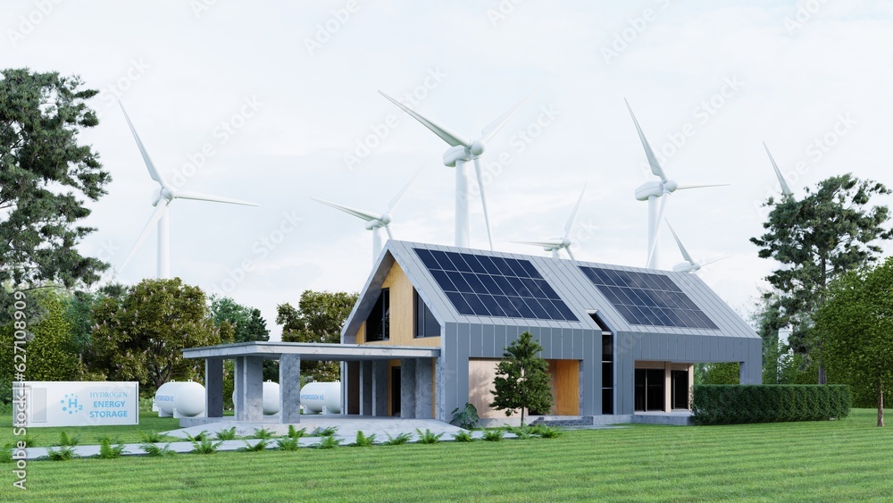Obraz premium Modern eco house with solar panels and windmills to use alternative energy.
