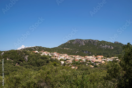 Great view to the surrounding scenery high from the mountain in Corfu, Greece