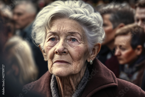 Old woman with grey hair in the crowd, gloomy sinister atmosphere, fictitious person
