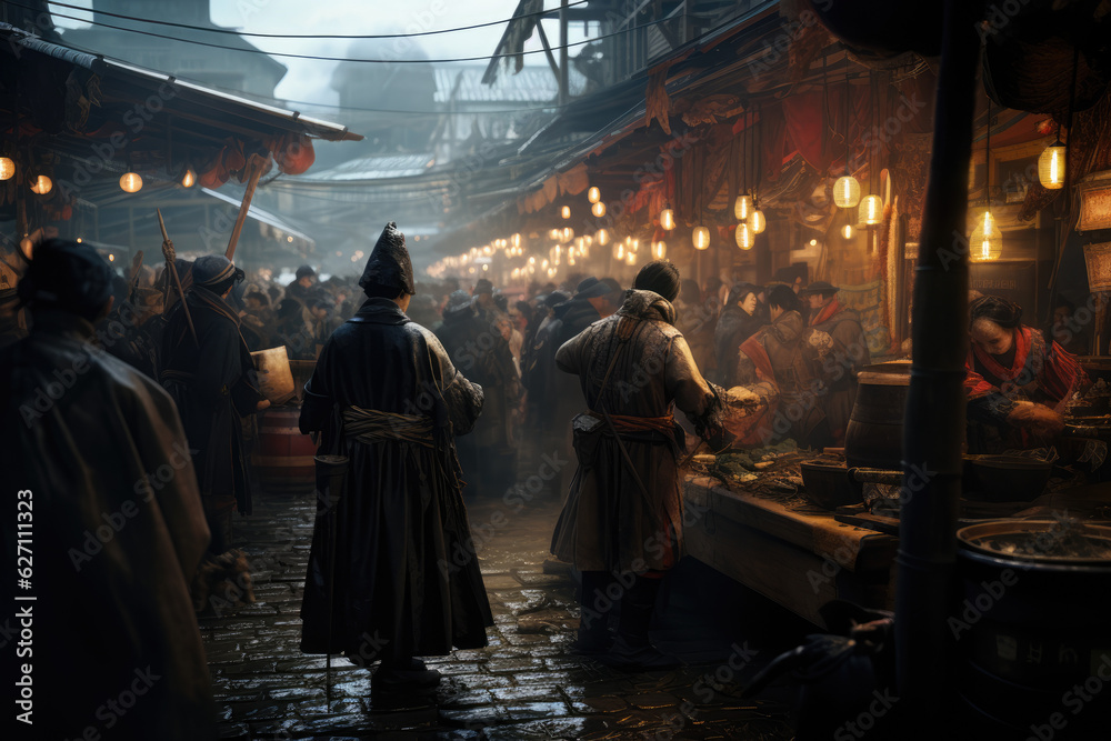 A Glimpse into the Past: A Romanticized 17th Century Market in Bustling Edo
