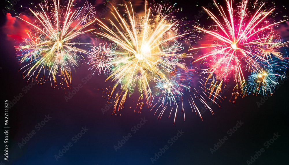 Obraz premium Fantastic colorful fireworks with copyspace. Background for New Year, Independence Day or other celebrations