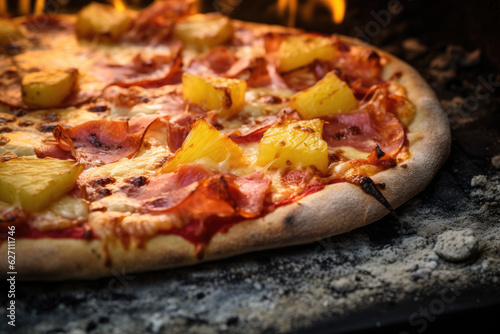 Savoring the Tropical Flavor: Pineapple and Ham Pizza from Wood-fired Oven. AI Generative. photo