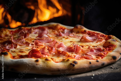 Authentic Italian Feast: Traditional Bacon and Cheese Pizza with fresh ingredients from Wood-Fired Oven - AI Generative