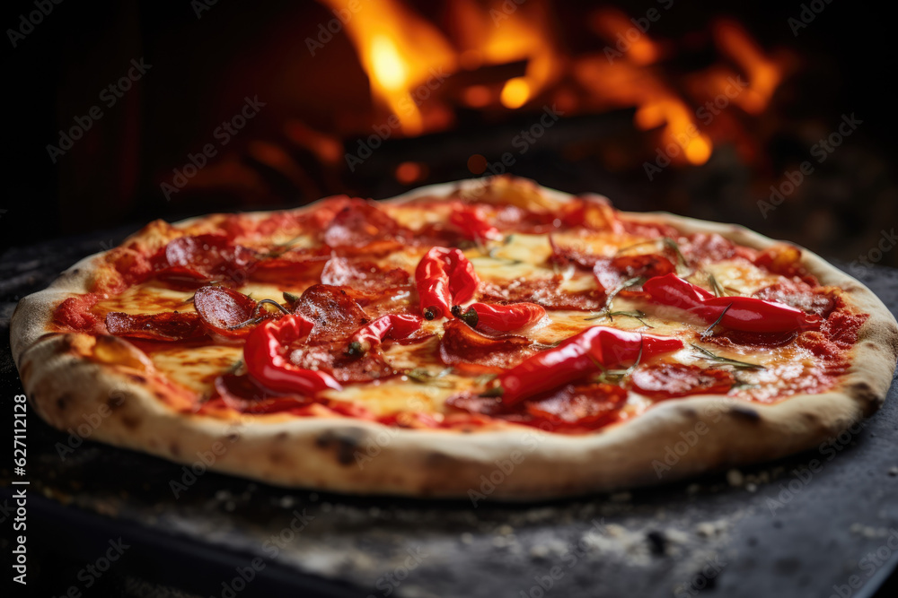 Authentic Italian Feast: Traditional  Pepperoni Pizza from Wood-Fired Oven, with fresh ingredients - AI Generative