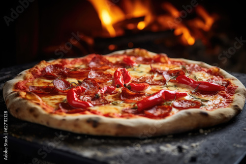 Authentic Italian Feast: Traditional Pepperoni Pizza from Wood-Fired Oven, with fresh ingredients - AI Generative
