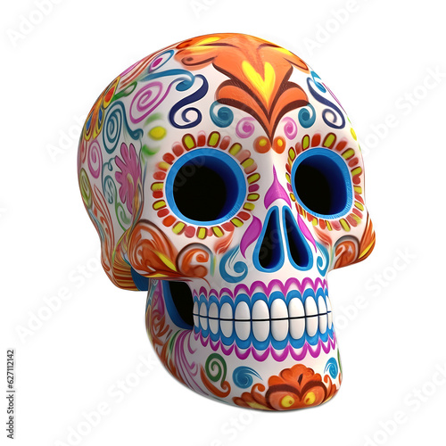 3d colorful Mexican scull isolated on white background. Celebrating the Day of the Dead. Sugar skull. Dia de muertos