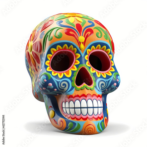 3d Mexican scull isolated on white background. Celebrating the Day of the Dead. Sugar skull. Dia de muertos