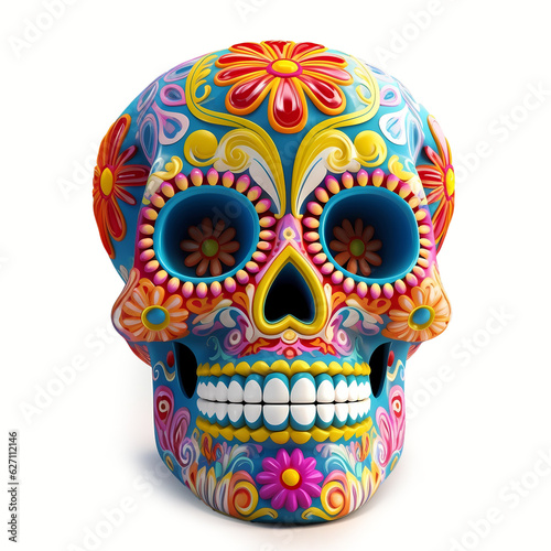 3d colorful Mexican scull isolated on white background. Celebrating the Day of the Dead. Sugar skull. Dia de muertos