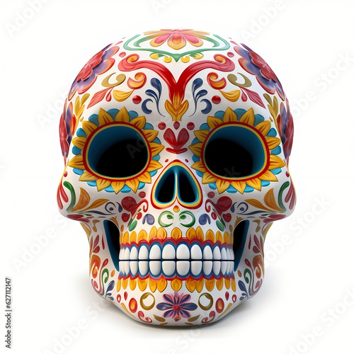 3d colorful Mexican scull isolated on white background. Celebrating the Day of the Dead. Sugar skull. Dia de muertos