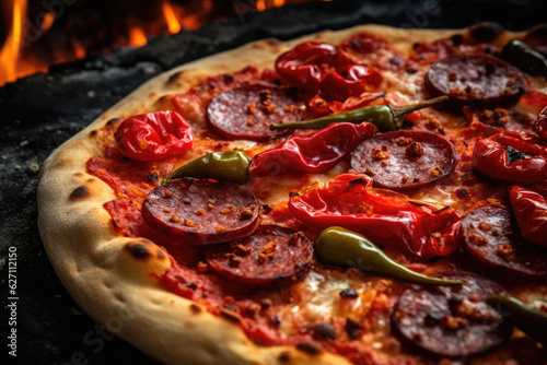 Authentic Italian Feast: Traditional Pepperoni Pizza from Wood-Fired Oven, with fresh ingredients - AI Generative