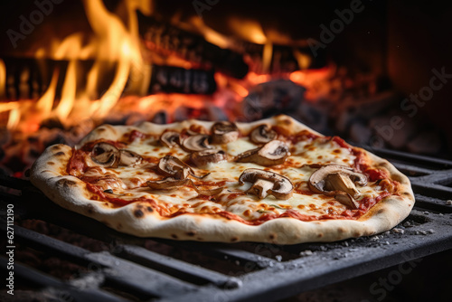 Authentic Italian Feast  Traditional Pizza from Wood-Fired Oven  with simple and fresh ingredients mushrooms and cheese - AI Generative