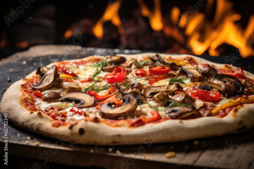 Authentic Italian Feast: Traditional Pizza from Wood-Fired Oven, with fresh ingredients, red pepper, mushrooms and cheese - AI Generative
