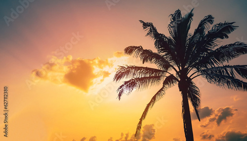 Copy space of silhouette tropical palm tree with sun light on sunset sky and cloud abstract background. Summer vacation and nature travel adventure concept. Vintage tone filter effect color style. © Uuganbayar