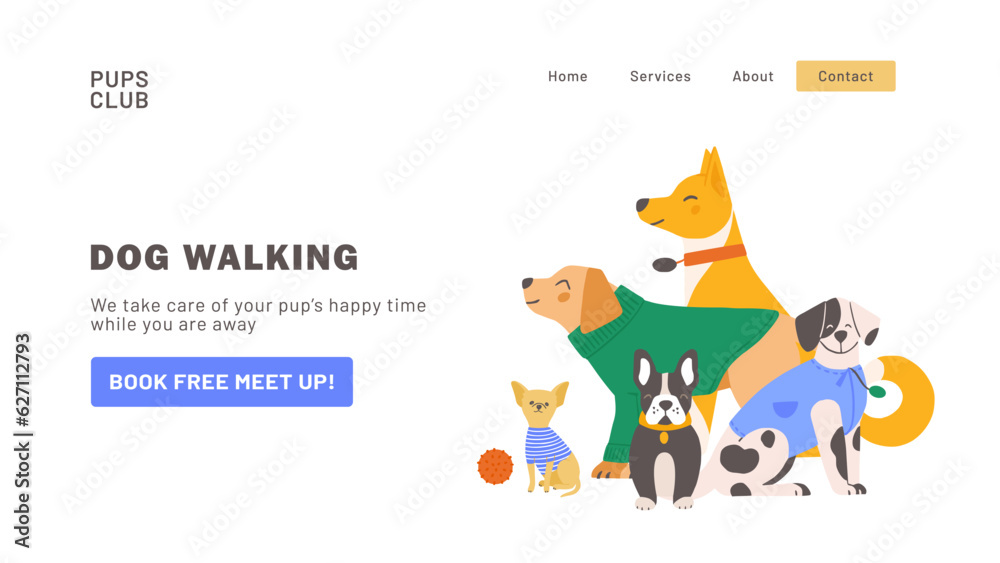 Dog walking company landing page design. Modern website home page background template.