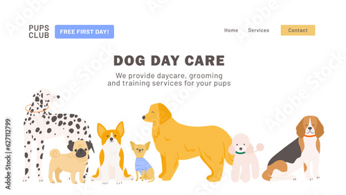 Dog day care landing page design. Modern website home page background template.
 photo