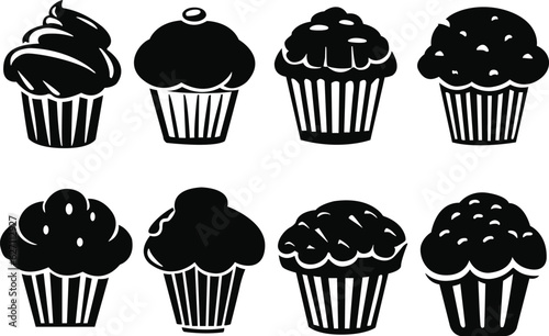 Set of cupcake silhouettes. Set of cake muffin silhouettes. Black and white cake muffins. Cake muffin vectors, cake muffin illustrations.