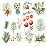 Christmas Watercolor Set: Watercolor, line art, and doodles in a Christmas-themed collection. Festive concept - AI Generative