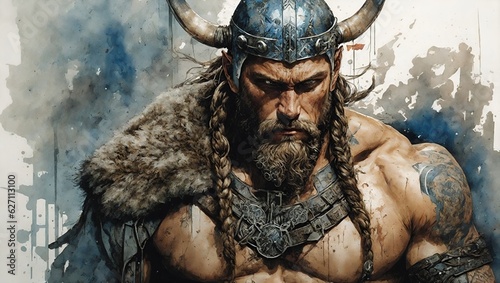 Portrait in watercolor style of a Viking