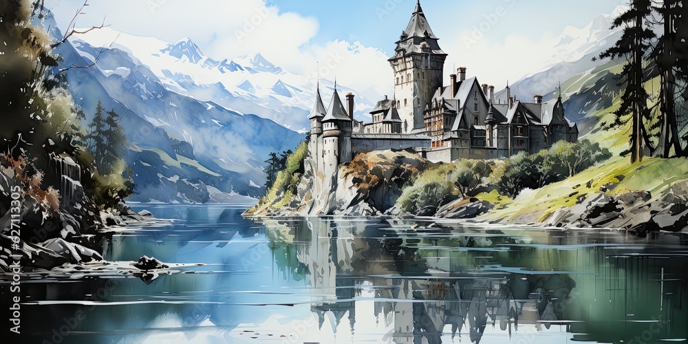 Watercolor castle painting, fairy tale, generative AI Watercolor castle painting, fairy tale, generative AI