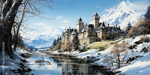 Watercolor castle painting, fairy tale, generative AI