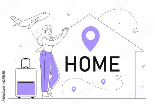Woman coming back home line concept