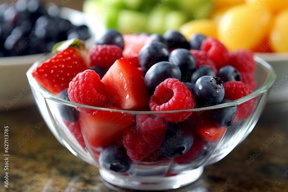 Appetizing delicious fruit salad with berries. The concept of proper nutrition and vitamins in the crop. AI generated Appetizing delicious fruit salad with berries. The concept of proper nutrition and vitamins in the crop. AI generated