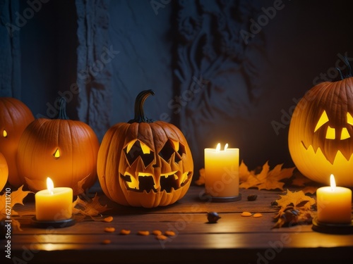 Halloween Jack O' Lanterns with Candles, in a Medieval Room at Night. Halloween background