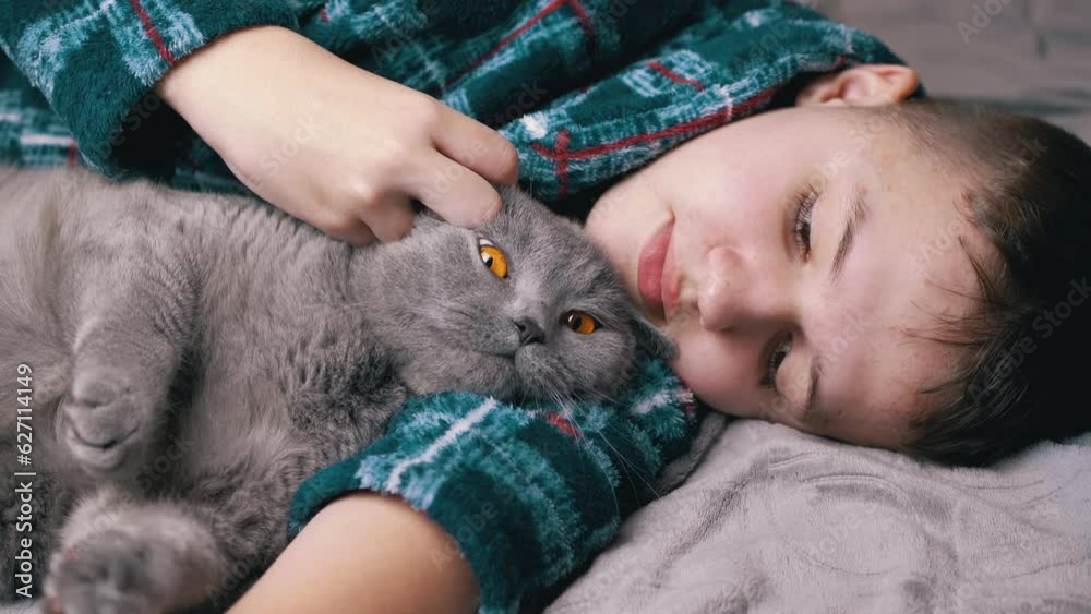 Sleepy Child Hugging, Stroking with a Fluffy Cat, Lying on a Bed in a Bedroom. Close up. Tired happy cute boy in pajamas is resting with his beloved pet. Love, care, affection, friendship with pets. Sleepy Child Hugging, Stroking with a Fluffy Cat, Lying on a Bed in a Bedroom. Close up. Tired happy cute boy in pajamas is resting with his beloved pet. Love, care, affection, friendship with pets.
