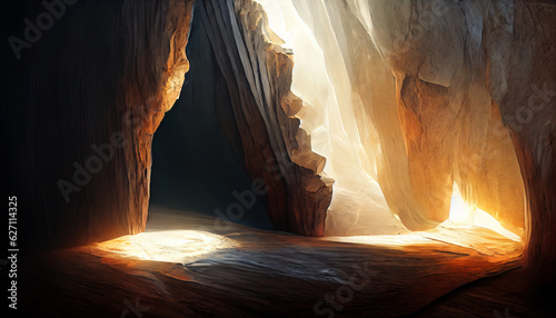 Beautiful cave lit by warm reflections from the sun. AI-generated
