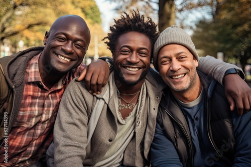 Four happy african american friends in its 30s, enjoying themselves in the style of friends in the park