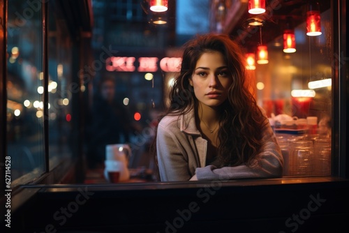 Portrait of a young beautiful woman with a cup of coffee in his hands sitting at a table